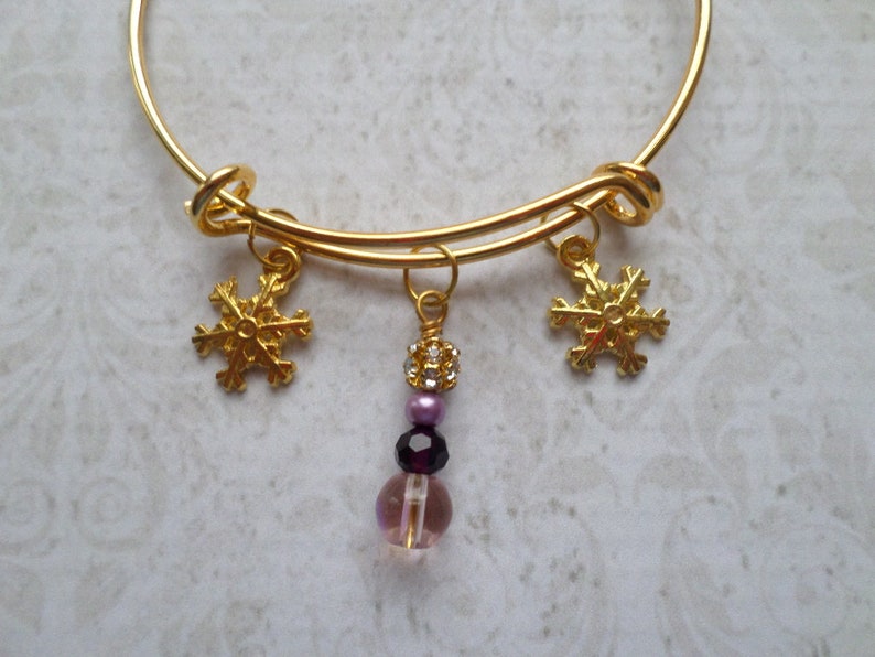 Goldtone Snowflake Charm Bracelet with Purple Bead Dangle image 6