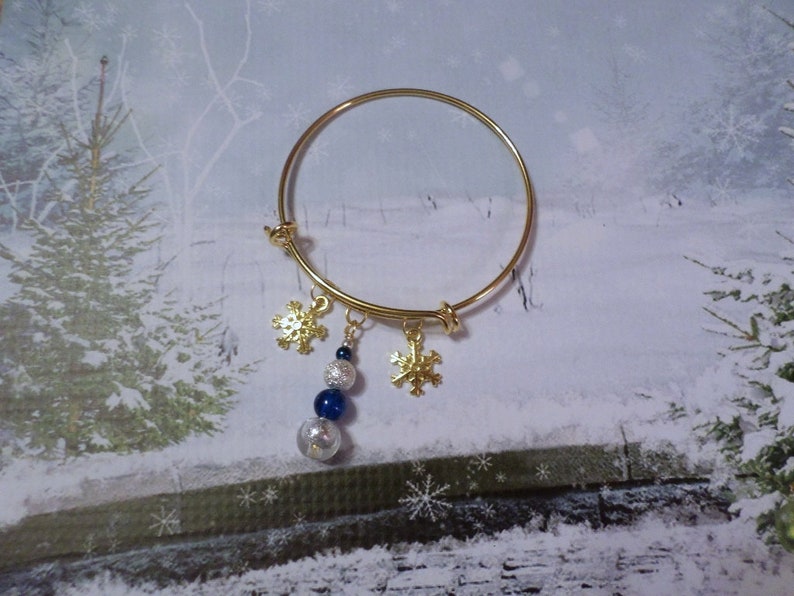 Snowflake Charm Adjustable Bracelet with Blue and Silver Bead Dangle image 9