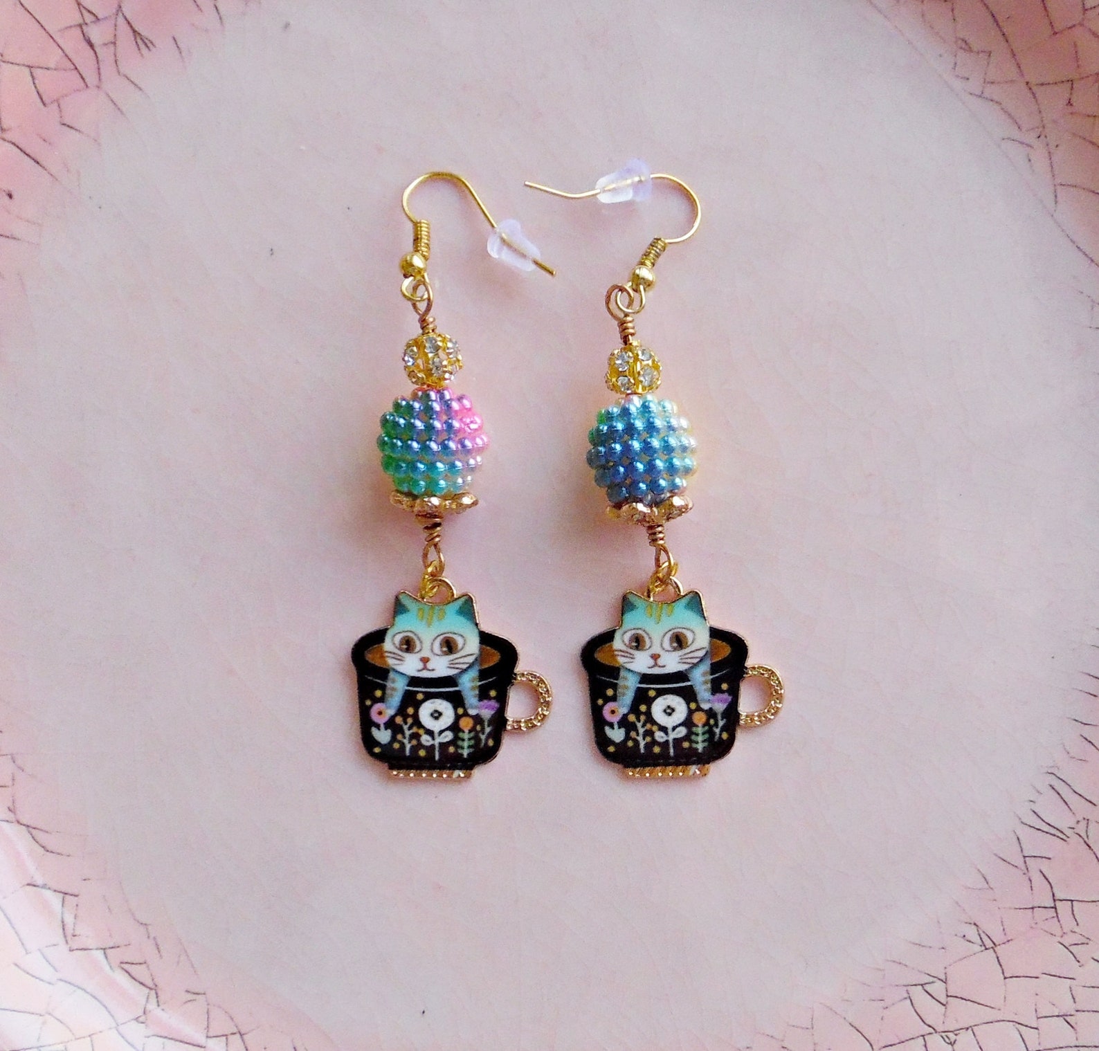 Cute Cat in Cup Earrings With Rainbow Berry Beads Etsy
