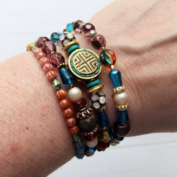 Tibetan Style Bracelet - Moroccan Bazaar Beads - Bracelet Stacks - Memory Wire Wrap Bracelet