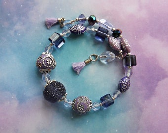 Purple and Silver Boho Beaded Bracelet with Tassels