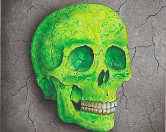 Green and Yellow Skull Painting with Cracked Pavement Background
