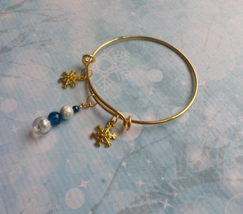 Snowflake Charm Adjustable Bracelet with Blue and Silver Bead Dangle image 4