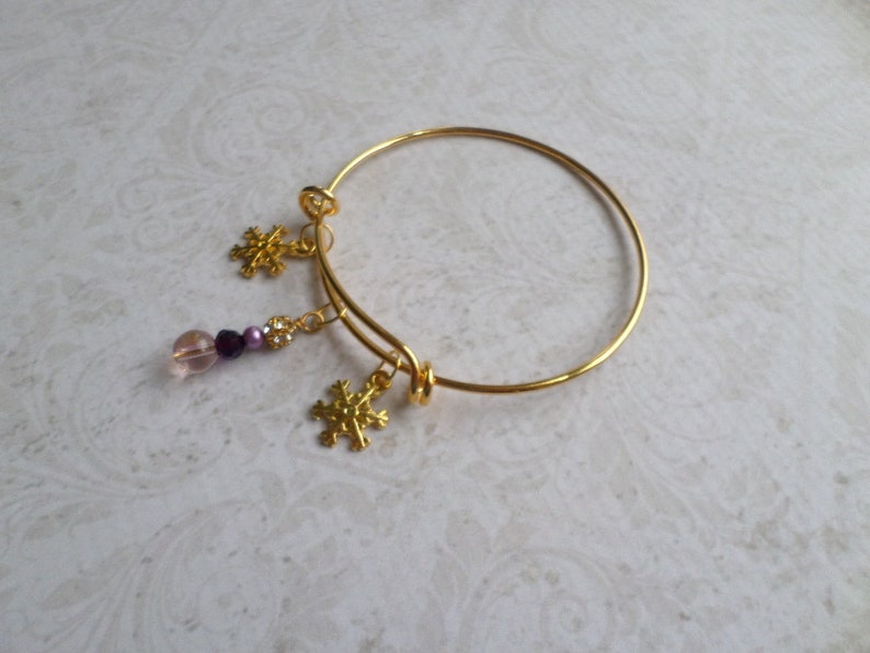 Goldtone Snowflake Charm Bracelet with Purple Bead Dangle image 8