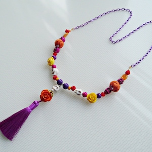 Day of the Dead Necklace Dia de los Muertos - Skulls and Roses - Flower Jewelry - Purple Tassel