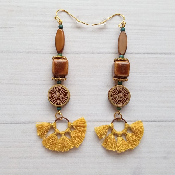 Tibetan Style Earrings with Filigree Beads and Golden Fabric Fan Tassels