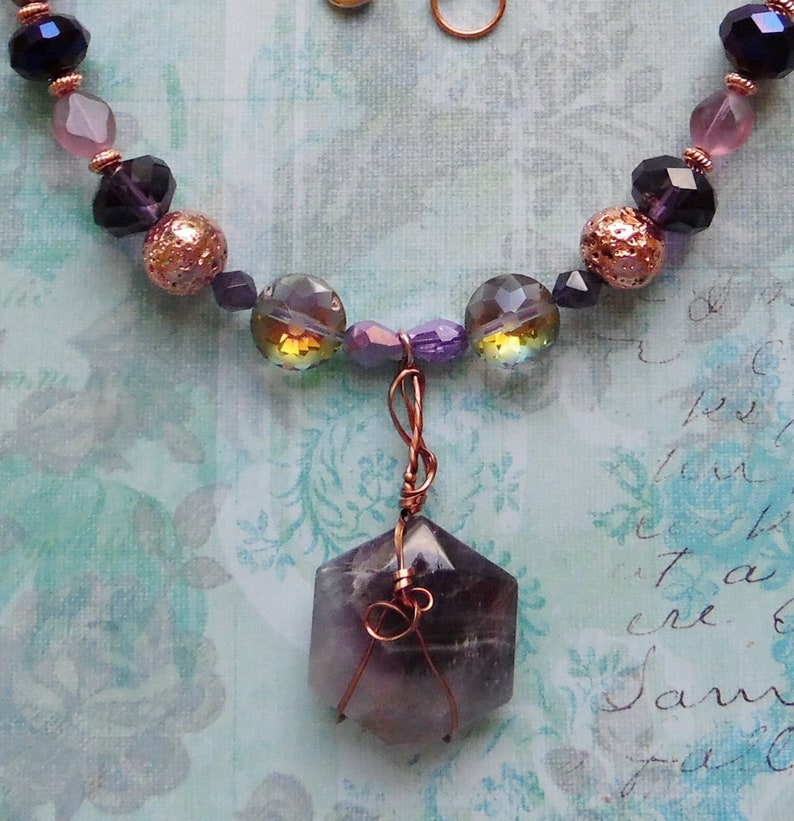 Wire Wrapped Amethyst Hexagon Pendant Necklace with Purple and Coppertone Beads image 1