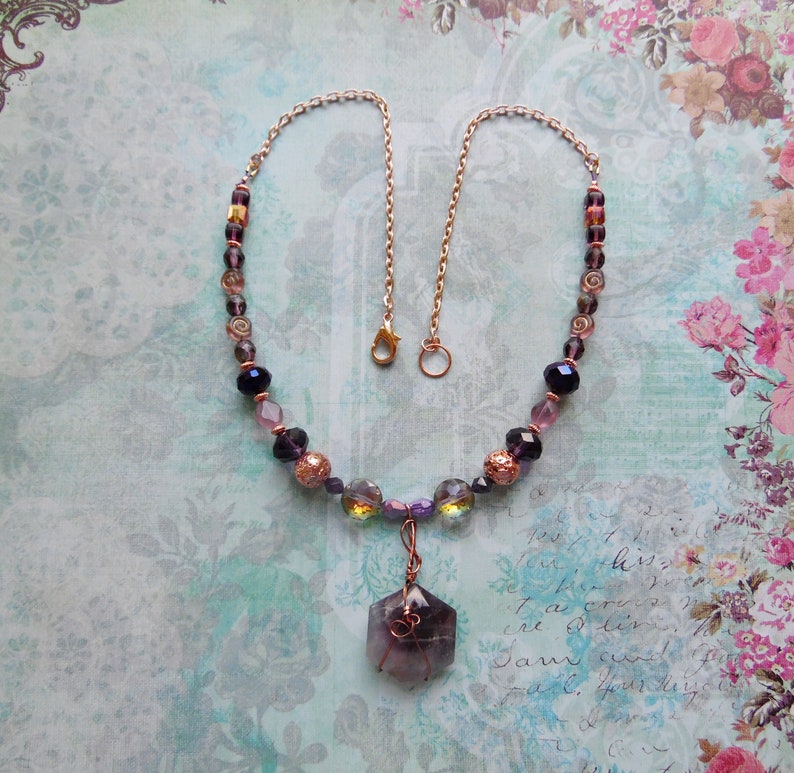 Wire Wrapped Amethyst Hexagon Pendant Necklace with Purple and Coppertone Beads image 3