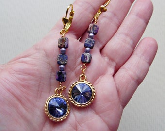 Purple Swarovski Earrings with Imperial Jasper Stones Leverbacks