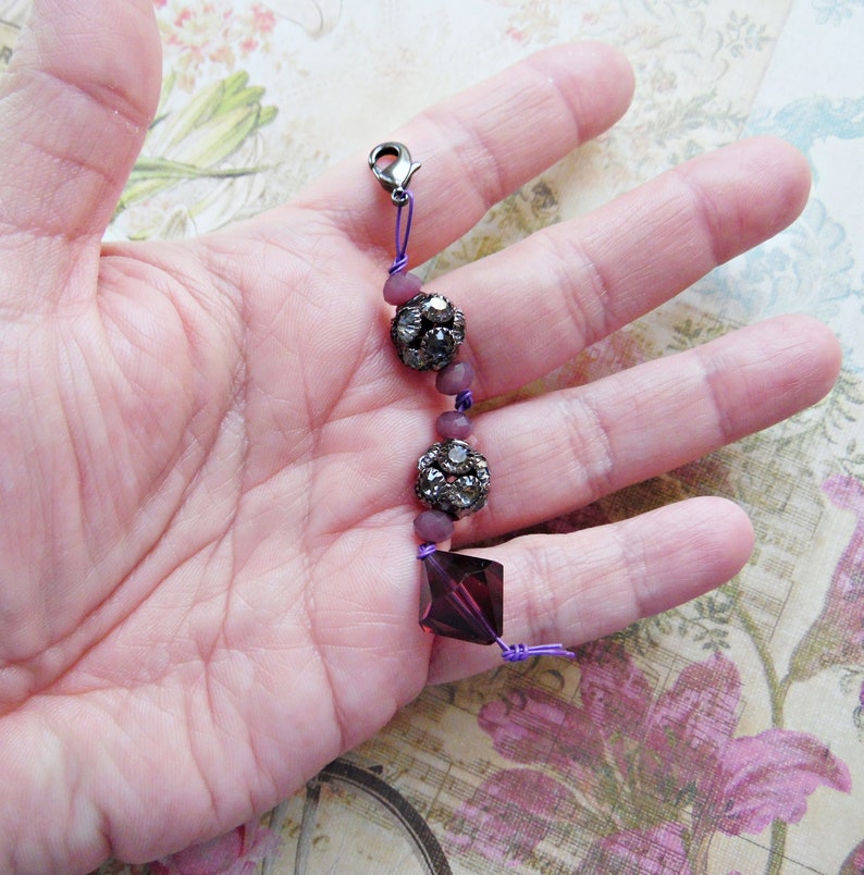 Purple Beaded Purse Charm Zipper Pull Keychain Fob