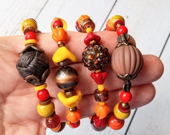Stacking Autumn Bracelets with Pinecone & Leaf Charms - Fall Beaded Bracelets - One Size Fits Most - Czech Glass Boho Beads