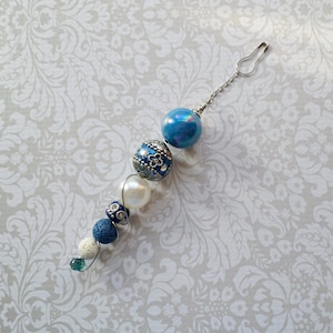 Blue Beaded Junk Journal Dangle: Silvertone Planner Charm