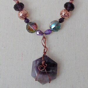 Wire Wrapped Amethyst Hexagon Pendant Necklace with Purple and Coppertone Beads image 10