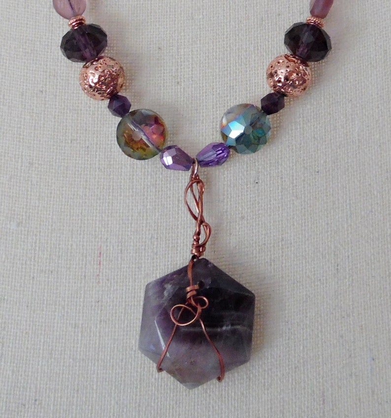 Wire Wrapped Amethyst Hexagon Pendant Necklace with Purple and Coppertone Beads image 10