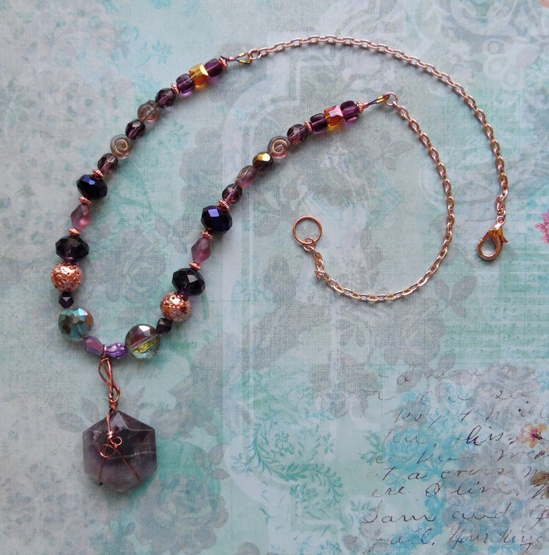 Wire Wrapped Amethyst Hexagon Pendant Necklace with Purple and Coppertone Beads image 8