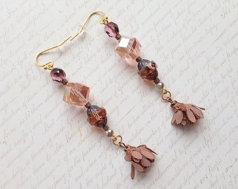 Pink Cube Earrings with Fabric Flower Tassels