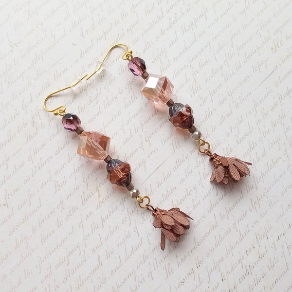 Pink Cube Earrings with Fabric Flower Tassels