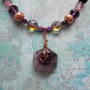 Wire Wrapped Amethyst Hexagon Pendant Necklace with Purple and Coppertone Beads image 9
