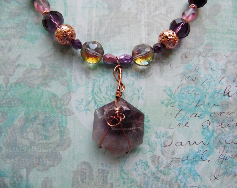 Wire Wrapped Amethyst Hexagon Pendant Necklace with Purple and Coppertone Beads image 9