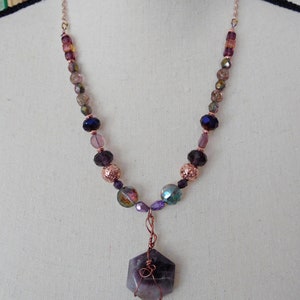 Wire Wrapped Amethyst Hexagon Pendant Necklace with Purple and Coppertone Beads image 4