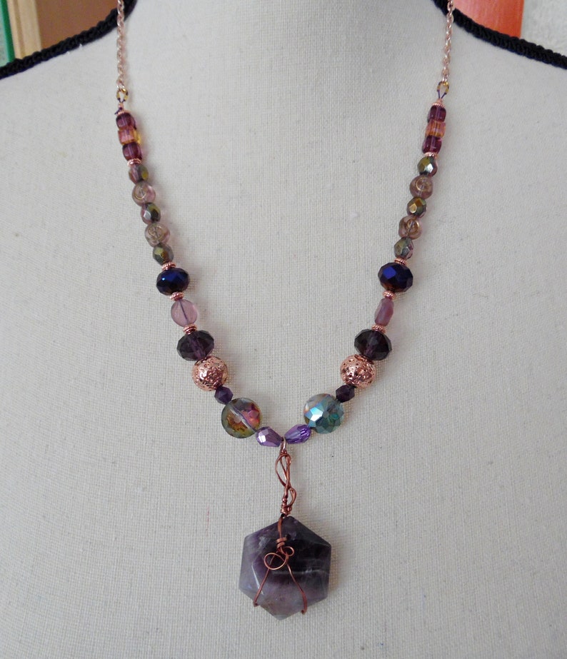 Wire Wrapped Amethyst Hexagon Pendant Necklace with Purple and Coppertone Beads image 4