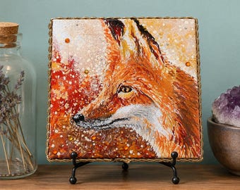 Pintura original en miniatura de un zorro con cristales Preciosa, obra de arte de técnica mixta de 4x4.