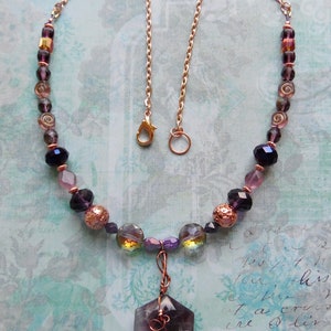 Wire Wrapped Amethyst Hexagon Pendant Necklace with Purple and Coppertone Beads image 5