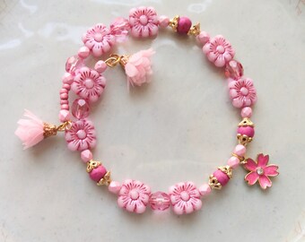 Pink Flower Bracelet- Cherry Blossom Memory Wire Flower Bracelet - Spring or Summer Jewelry