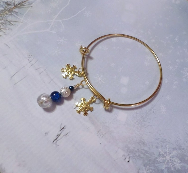 Snowflake Charm Adjustable Bracelet with Blue and Silver Bead Dangle image 1