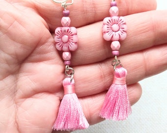 Pink Flower Earrings with Tassels - Spring Jewelry