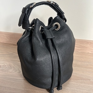 black leather bucket bag