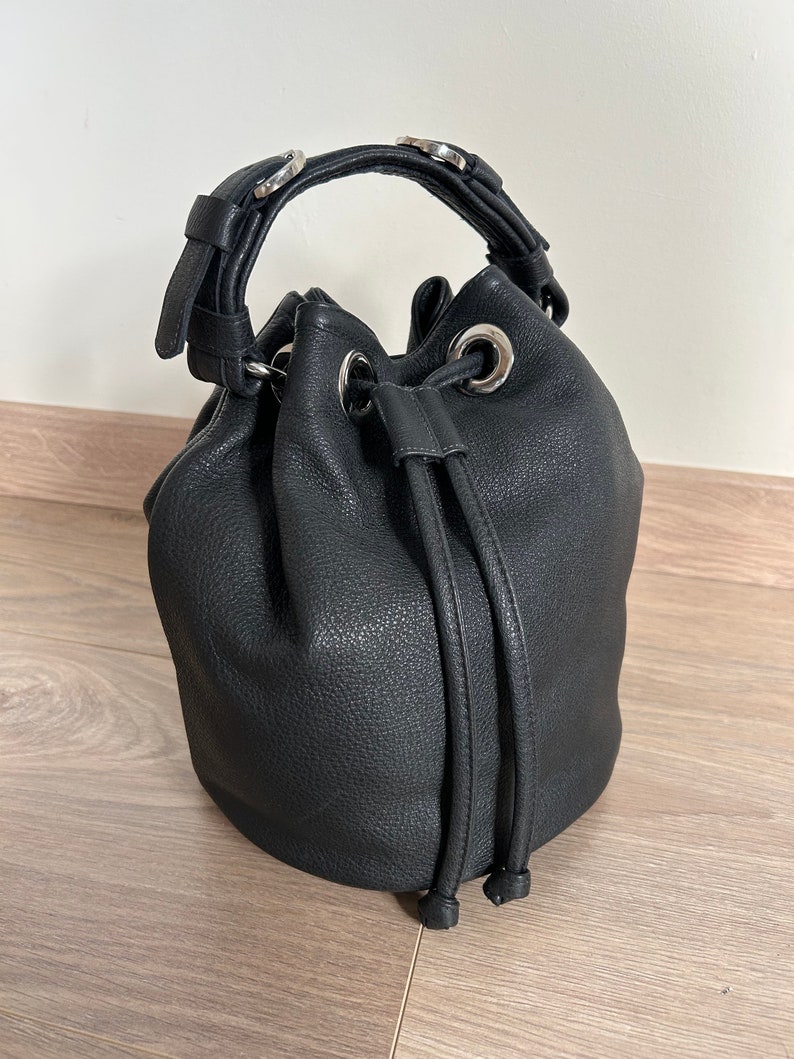black leather bucket bag