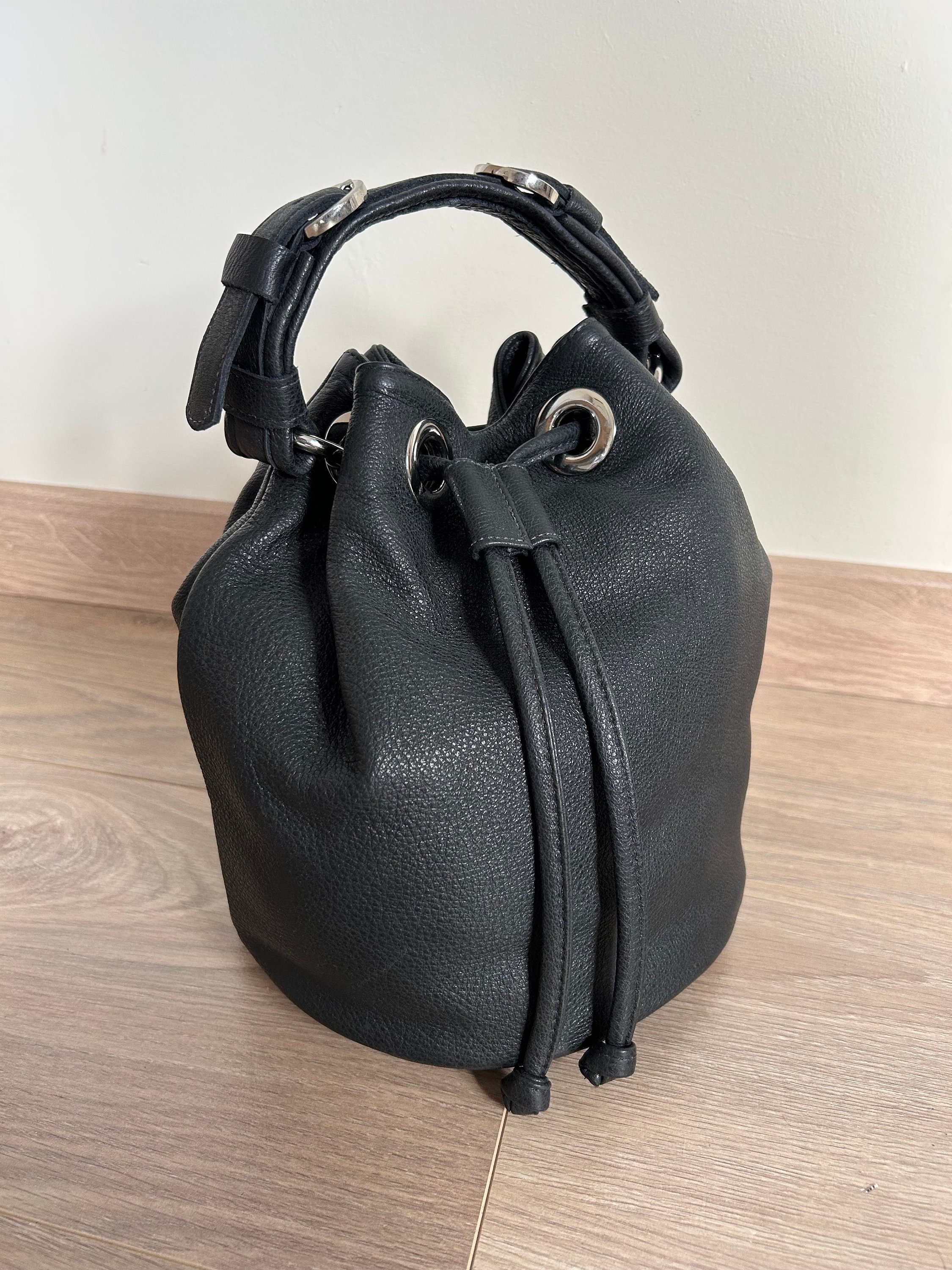 Large black leather bucket bag best sale