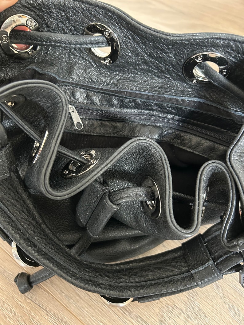 black leather bucket bag