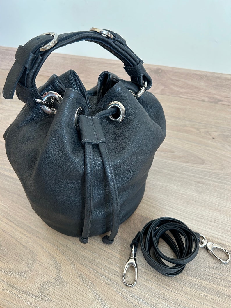 black leather bucket bag