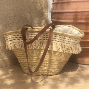 Leather Straw Fringe Bag - Straw Fringe Bags - Straw Tote -  Moroccan Baskets - Leather Straw Bag - Large Tote Bag - Leather Raffia Tote