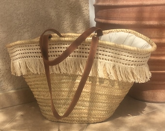 Leather Straw Fringe Bag - Straw Fringe Bags - Straw Tote -  Moroccan Baskets - Leather Straw Bag - Large Tote Bag - Leather Raffia Tote