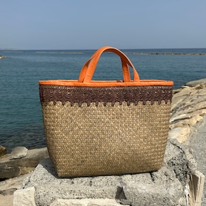 Straw Top Handle Bag. Leather Straw Beach Bag