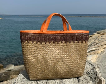 Straw Top Handle Bag. Leather Straw Beach Bag