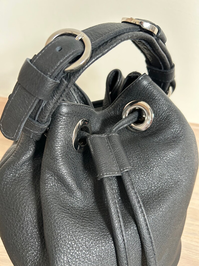 black leather bucket bag