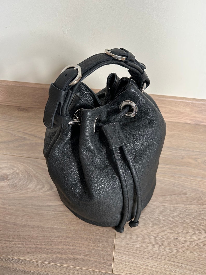 black leather bucket bag