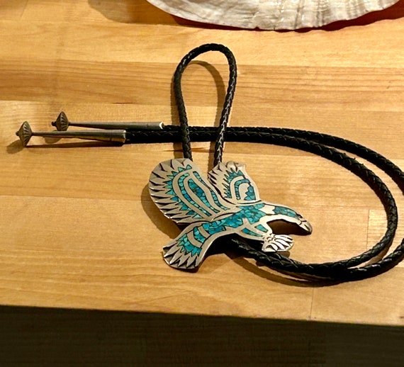 Turquoise Chip Eagle Western Bolo Tie Free Shippi… - image 6