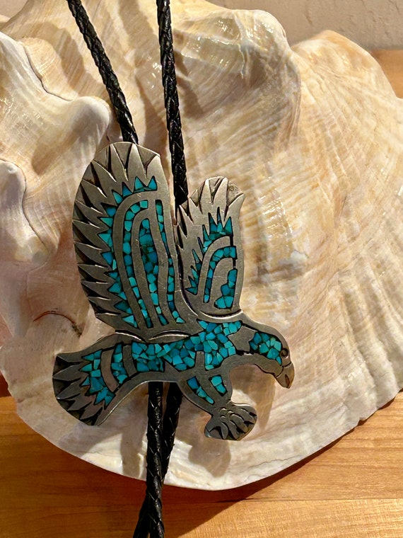 Turquoise Chip Eagle Western Bolo Tie Free Shippi… - image 1