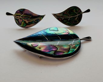 Vintage Sterling Silver Mexico Signed Abalone Earrings and Pin Set