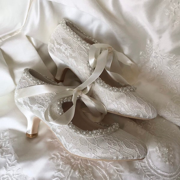 AnjaBarlowBridal * EMMA Bridal vintage Victorian Mary Jane ribbon low mid heel lace covered shoes hand decorated with pearl beaded border