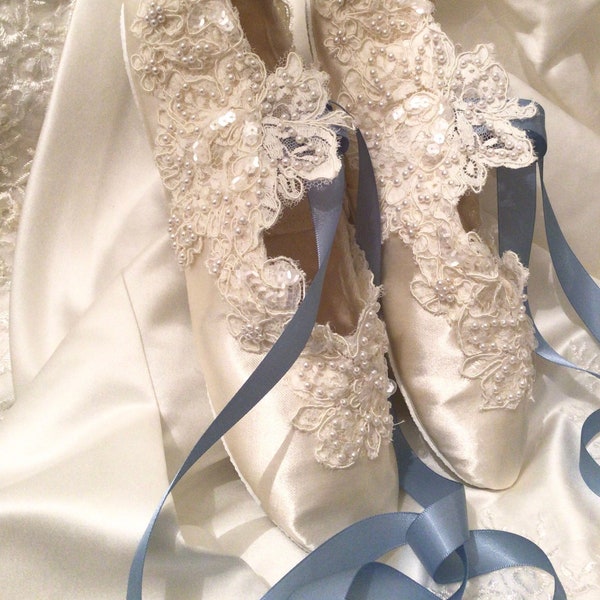 AnjaBarlowBridal * VALENTINA HANDMADE in UK pearl lace ivory flat satin Victorian Regency vintage style bridal shoes ballet pumps ribbon tie