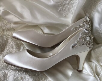 AnjaBarlowBridal * VIOLA rhinestones Swarowski crystals embroidered white & ivory high or mid low heel bridal shoes