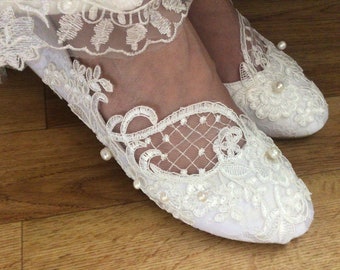 AnjaBarlowBridal*NIKITA Natural pearl embroidered Lace white ivory flat low heel bridal shoes upto size 10 UK 43