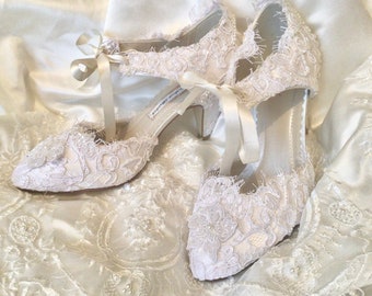 AnjaBarlowBridal * SOPHIE Bridal vintage Victorian style low mid high heel ivory or white shoes hand decorated with Aleoncon lace and pearls