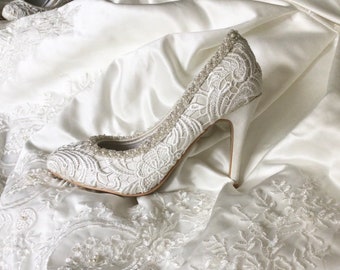 AnjaBarlowBridal * SONIA ivory lace bridal shoes bead embroidered border low mid heel